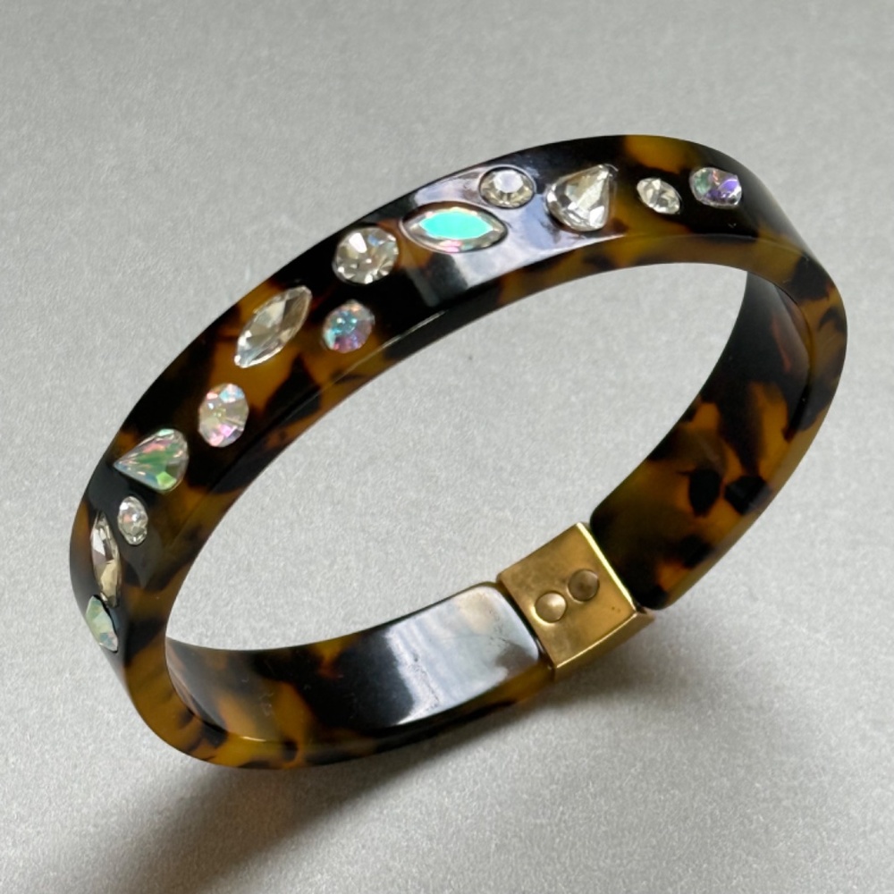 J. CREW Bracelet Bangle Tortoise Clear Faceted Crystals Gold Preppy (7-3/4") - Picture 2 of 7